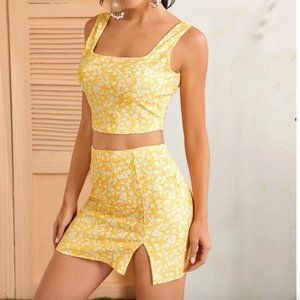 Ditsy Floral Crop Tank Top & Split Hem Skirt Set